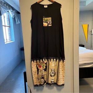 Vintage 80s 90s Brenda Boutique Black and Beige Sleeveless Dress Floral Accents